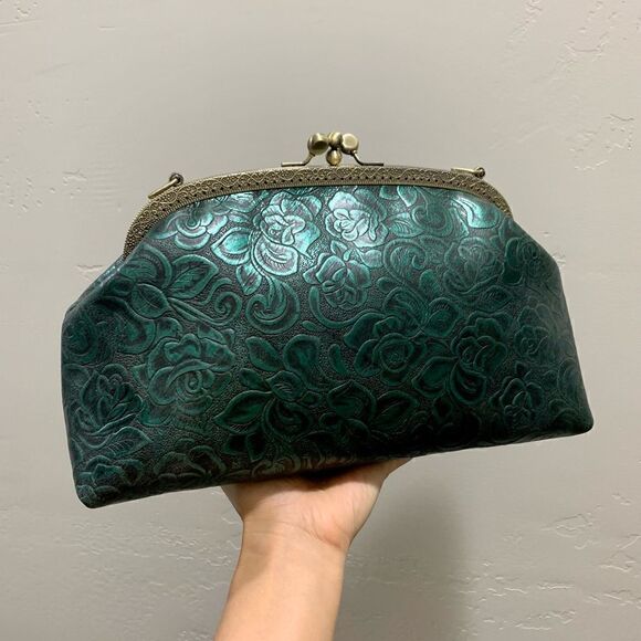 Handsewn Genuine Cowhide Floral Embossed Double Kiss-lock Bag & 2 Chain Styles - Picture 9 of 16